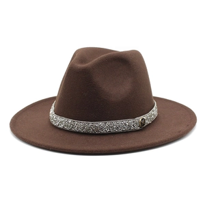Detail of dark brown fedora with silver rhinestone band and metal letter M badge