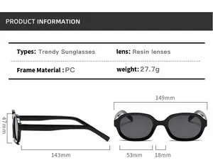 Detailed size chart for trendy oval sunglasses showing frame width and temple length