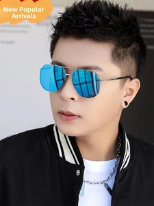 Detail of polarized blue mirror lenses and silver geometric metal frame on men sunglasses