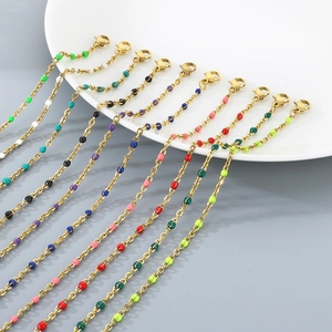 Golden stainless steel flat cross chain anklet with colorful enamel beads for women
