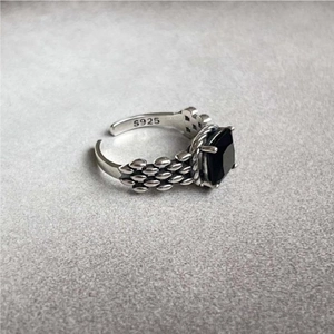 Vintage 925 sterling silver ring with square black onyx stone and textured adjustable band