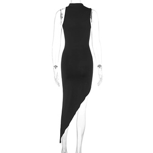 Back view of black sleeveless bodycon dress with asymmetric slit hem on mannequin