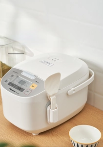 Detail of suction cup rice spoon holder mounted on a rice cooker for kitchen storage