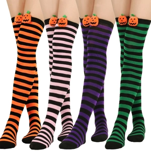 Halloween over-the-knee striped socks with 3D pumpkin decor in multiple colors