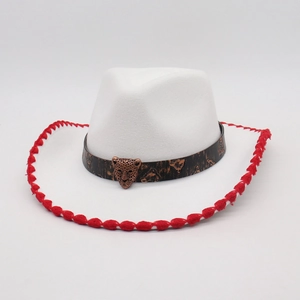 Stylish white cowboy fedora hat with red crochet edge and bronze leopard buckle detail