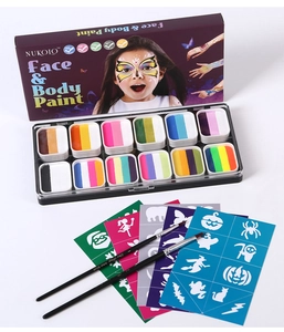 Water-soluble 12-color face and body paint kit with brushes and festive stencils