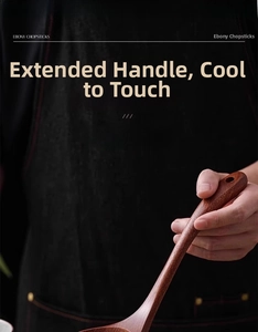 Detail of long handle ebony wood ladle showing 20cm length for safe cooking and serving