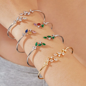 Elegant Willow Leaf Open Cuff Bangle Copper With Colorful Marquise Zircon Minimalist Jewelry Gift For Women