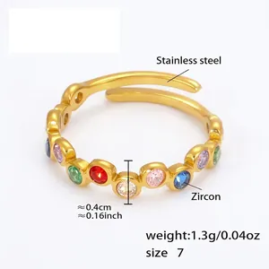 Detailed view of 18K gold plated stainless steel ring with colorful zircon dimensions