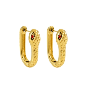 Golden titanium steel snake hoop earrings with red eyes and scale texture on white background