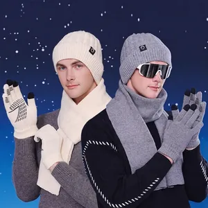 Winter Knitted Beanie Scarf And Gloves Fleece Lined Thermal Touch Screen Men Outdoor Acrylic Ribbed Windproof
