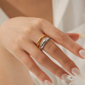 Minimalist Double Layer Two Tone Stainless Steel Ring For Women Open Adjustable Band Gold Silver Color Polished Jewelry