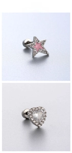 Detailed tile display of star and heart zircon stud earrings in medical steel finish