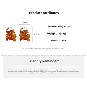 Detail showing amber resin flower earrings with size and weight measurements info