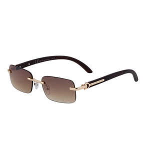 Retro rectangular rimless sunglasses with brown gradient lenses and faux wood temples