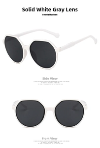 Detail view of white geometric sunglasses with grey lenses from side and front angles