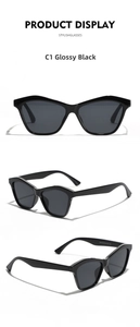 Three-view display of black cat eye sunglasses with grey lenses and sharp edges