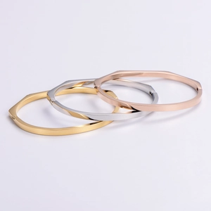 Three-tone 304 stainless steel hexagonal bracelets in gold, silver, and rose gold finishes