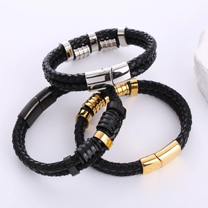 Men's woven leather bracelets with gold and silver steel clasps on white background