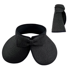 Cappello da sole pieghevole in paglia nera con fiocco che mostra le viste aperta e chiusa