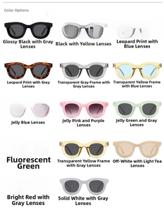 Detailed grid display of various colored round hip-hop sunglasses with concave frames