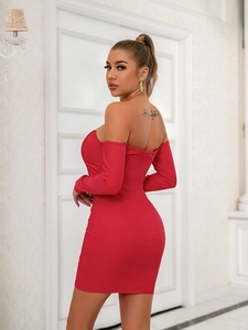 Sexy off-shoulder red bodycon mini dress with long sleeves and back zipper closure