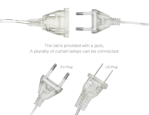 Detail of EU and US plug options for LED curtain lights with tail jack for extension
