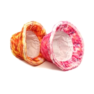 Colorful tie-dye plush bucket hat for women with warm faux fur and adjustable inner drawstring