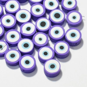 10mm purple evil eye clay beads for DIY bracelets and phone charms on white background