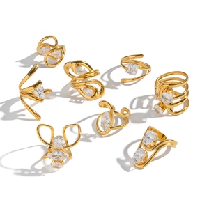 Set of 18K gold plated stainless steel open rings with various zircon stone cuts