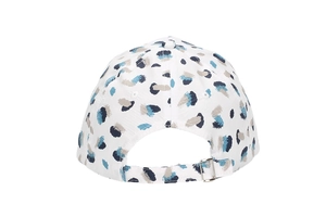 Detail of colorful leopard print baseball cap featuring an adjustable metal buckle back