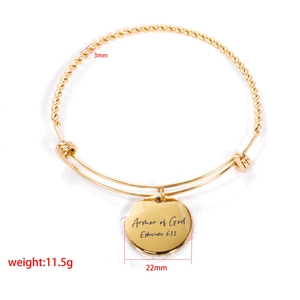 Adjustable twisted stainless steel wire bangle with Armor of God engraved round pendant