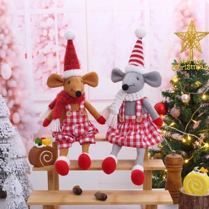 Bambola Peluche Topo Di Natale Gambe Lunghe Tessuto Plaid Ornamento Seduto Decorazione Scrivania