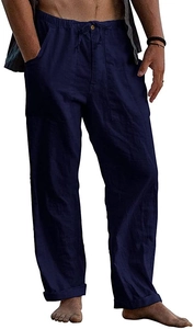 Detailed view of navy blue linen pants featuring elastic drawstring waist and side pockets