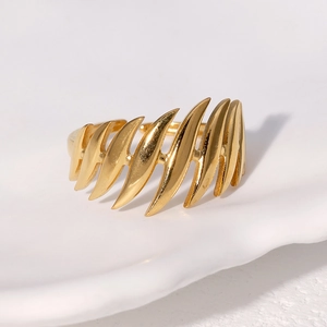 Modern 18k gold plated stainless steel open ring with unique parallel ribbed texture