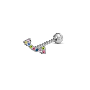 Macro detail of silver curved tongue ring featuring vibrant colorful inlaid gemstones