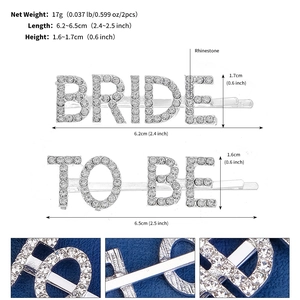 Detail view of rhinestone BRIDE TO BE hair clips with dimensions and structure details