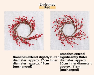 Detail view of red berry candle ring showing dimensions of 20cm closed and 30cm fully expanded
