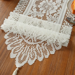 French Style Lace Table Runner Polyester Floral Crochet Hollow Out Tablecloth With Tassels For Dining Room Party Home Decor