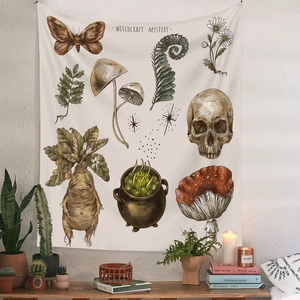 Detail of bohemian witchcraft mystery tapestry with butterfly and mushroom illustrations