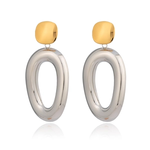 Two-tone 18K gold and silver stainless steel oval hoop earrings on white background