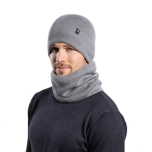 Winter knitted hat and neck warmer set for men in grey rib-knit fabric with warm fleece lining