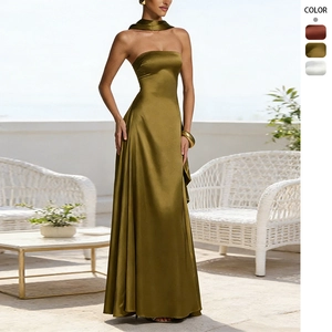 Satin Strapless Maxi Dress Backless Lace Up Elegant Evening Party With Matching Scarf For Women