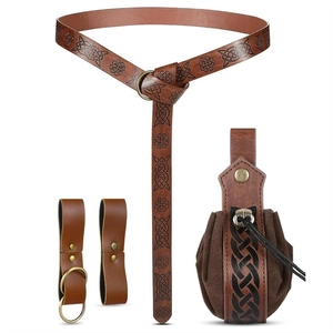 Detailed view of brown PU leather belt kit with Celtic knot embossed pouch and metal rings