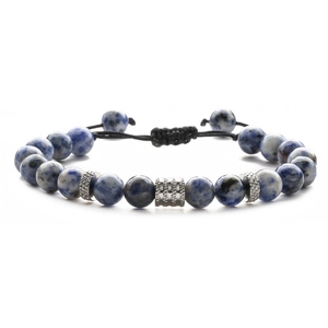 Detail of blue sodalite beads and adjustable braided rope with silver metal accents