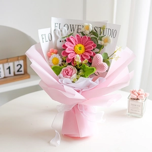 Beautiful hand-knitted crochet flower bouquet in pink gift wrapping for Mother's Day gifting