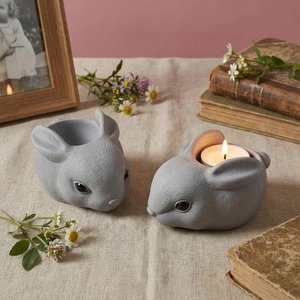 Detailed fur texture on gray rabbit resin candle holder set for Easter DIY decor