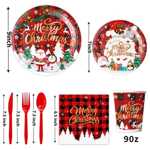 Red plaid Christmas disposable dinnerware set with paper plates, cups, and napkins