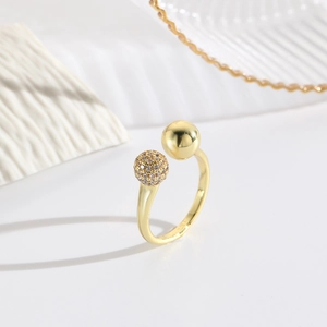 Exquisite 18k gold plated open ring with smooth golden ball and zircon pavé sphere