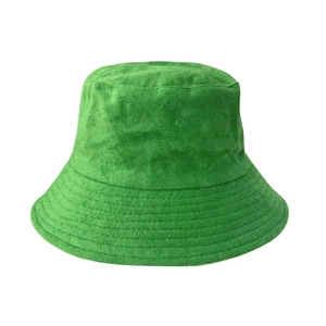 Vibrant emerald green terry cloth bucket hat featuring plush textured fabric for winter
